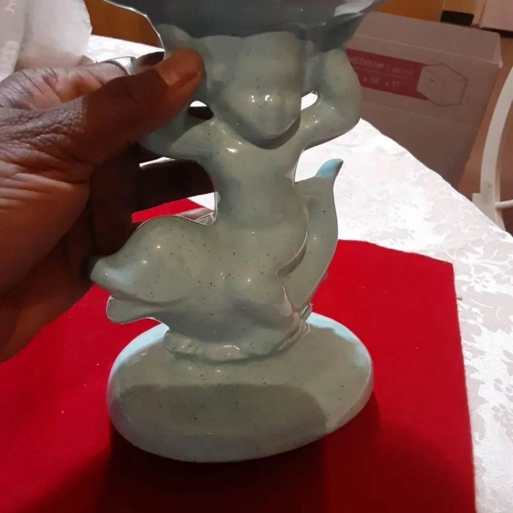 VINTAGE 70'S HOLLAND MOLD CERAMIC CHERUB ON DOLPHIN PEDESTAL SOAP DISH FIGURINE.